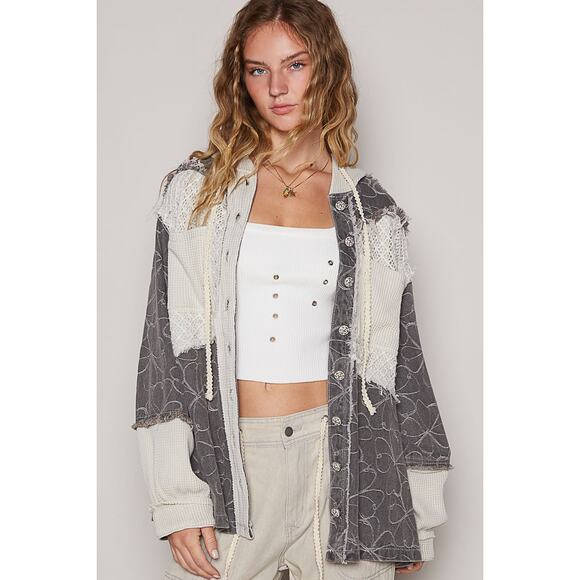POL Black Cream Balloon Sleeve Frayed Edge Detail Hoodie Jacket